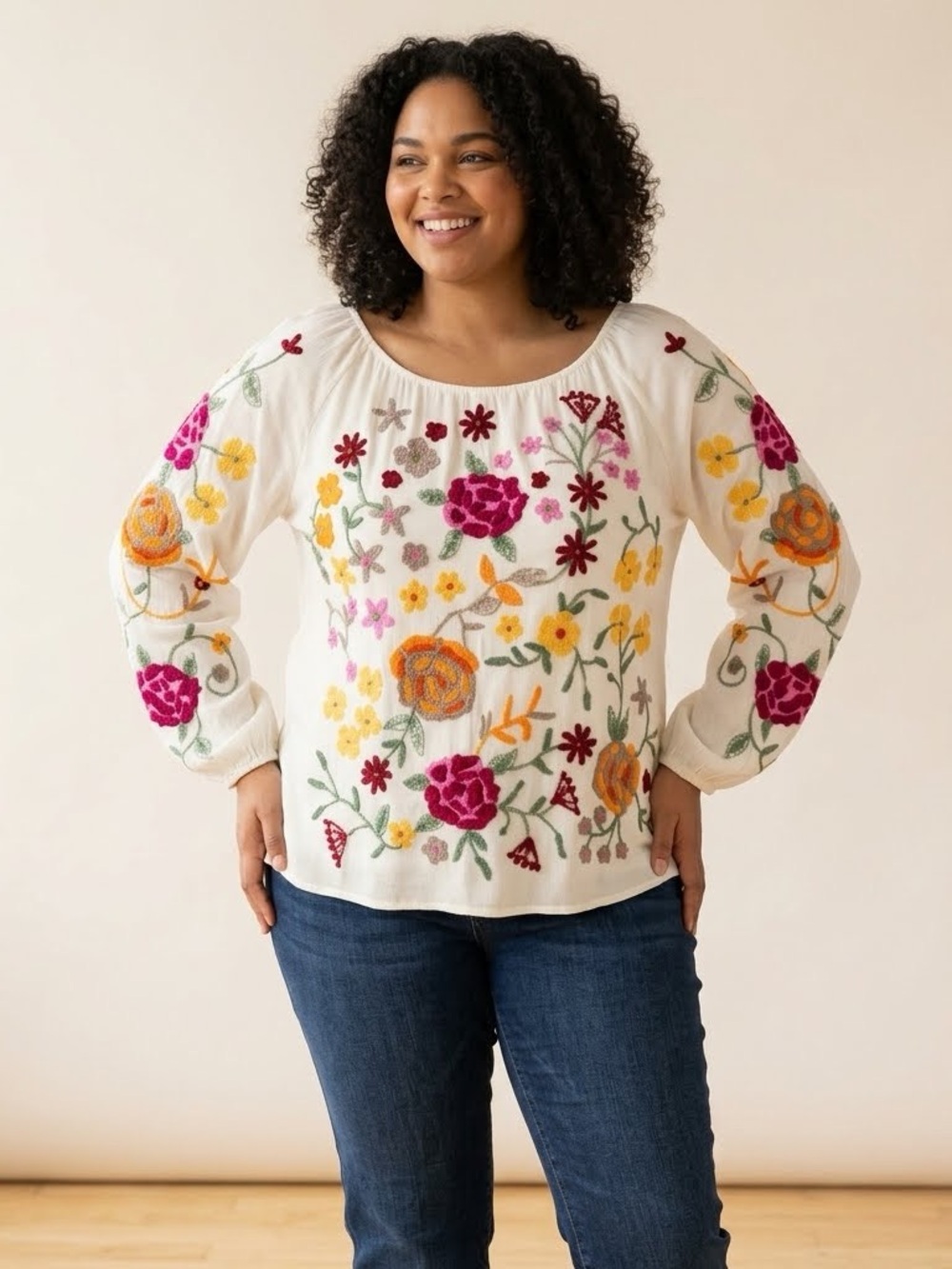 Chelsea & Theodore Boho Floral Embroidered Women's Top White Multicolor Peasant